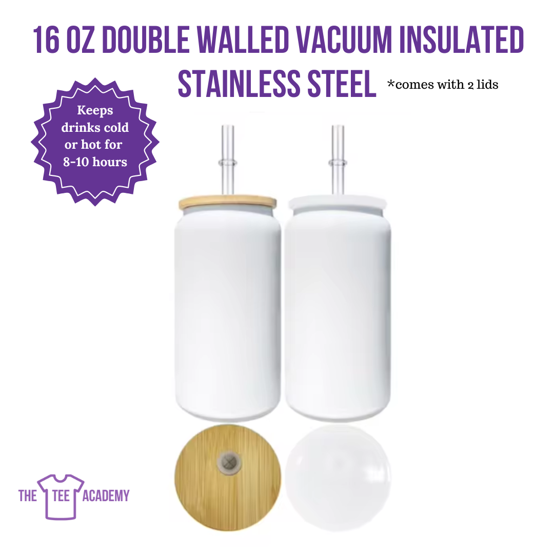 16 oz Double Walled Vacuum Insulated Stainless Steel- Glossy White (2 lids)