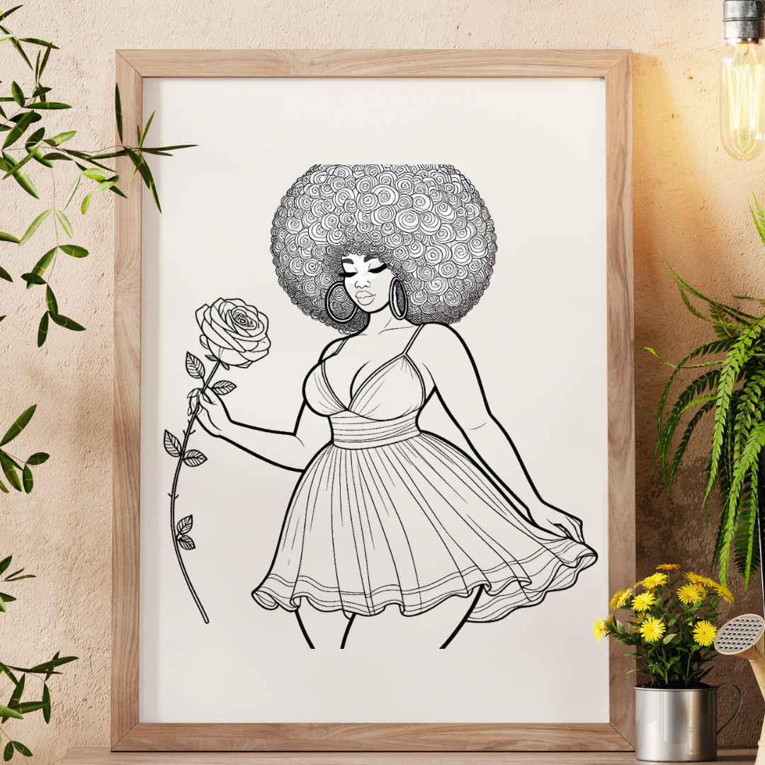 (Sketch Art) Afro And Rose - Screen Print Transfer