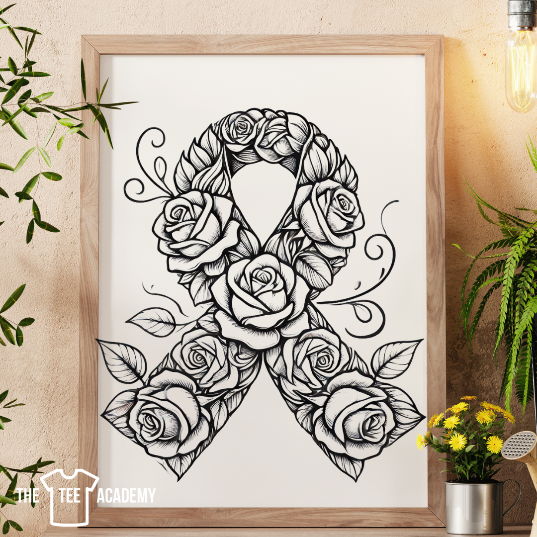 (Sketch Art) Breast Cancer Ribbon&Roses- Screen Print Transfer