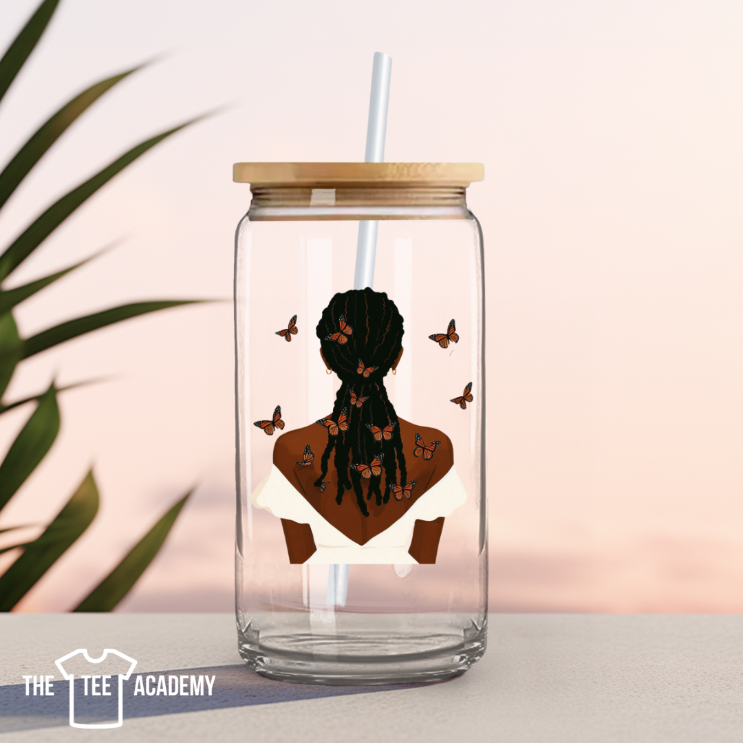 UV DTF Cup Decal- (minimalist) Butterflies and Locs Girl