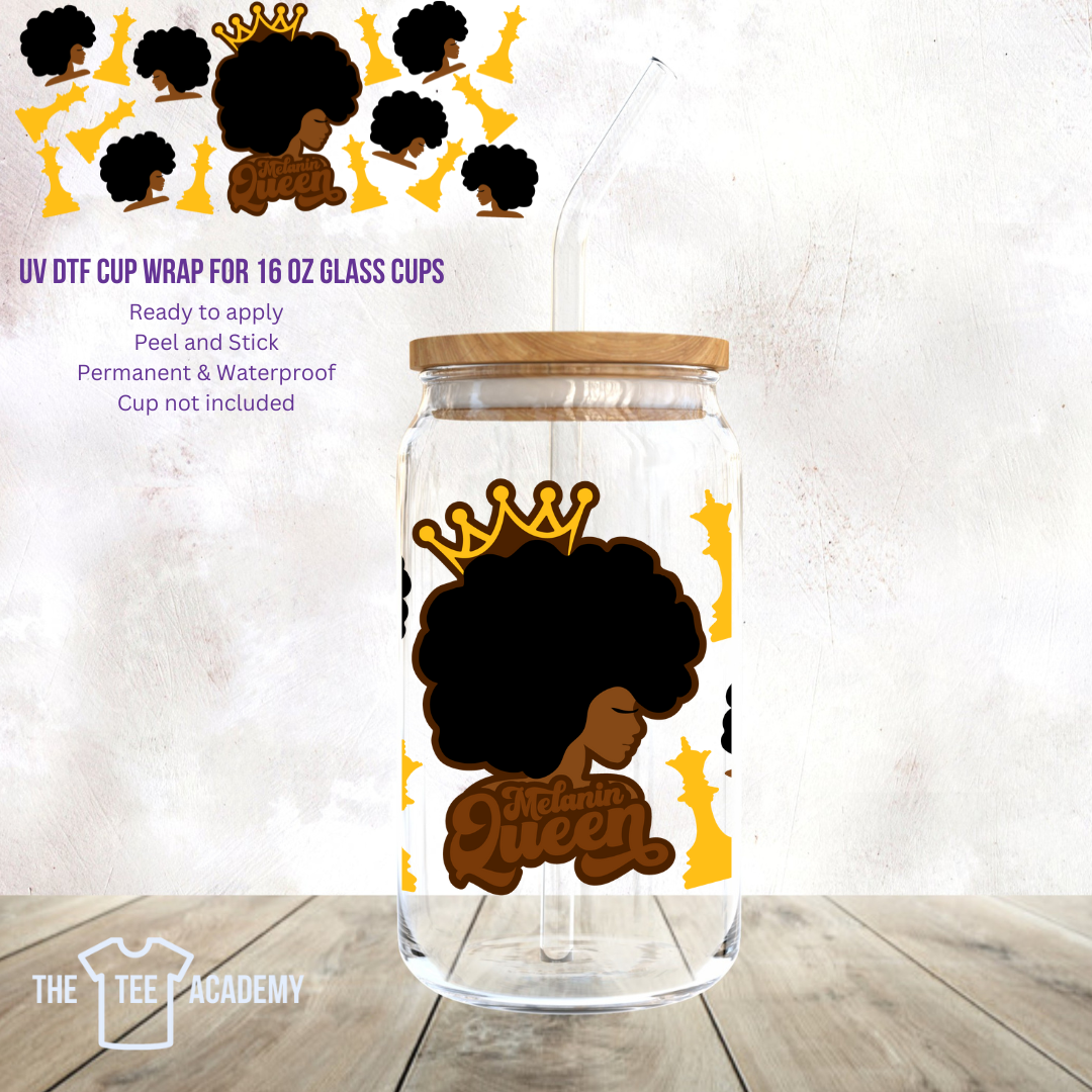 UV DTF Cup Wrap- (Crown and Afro) Melanin Queen