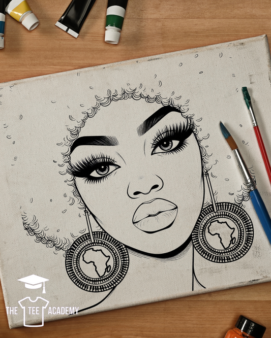 (Sketch Art) Afro Baddie, African Earrings- Screen Print Transfer