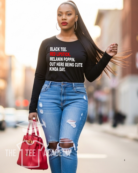 (Pre Order) Black Tee, Red Lipstick-Matte Clear Film Screen Print Transfer